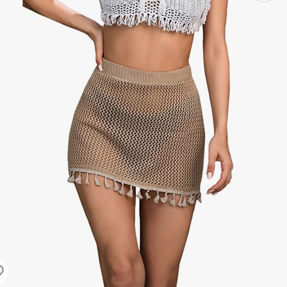 Elastic Waist Tassel Crochet Sheer Beach Swimwear Cover Up Mini Skirt